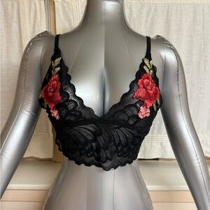 Rose Embroidered Black Lace Bralette